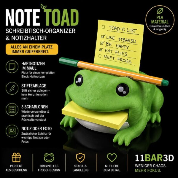 Note Toad | Frosch Schreibtisch-Organizer & Notizhalter | Sticky Note Halter mit Stifteablage | 3D-gedruckte Schreibtisch Deko