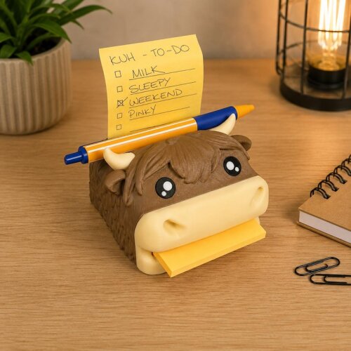 Note Kuh | Highland Cow Schreibtisch-Organizer & Notizhalter | Sticky Note Halter mit Stifteablage | 3D-gedruckte Kuh Deko