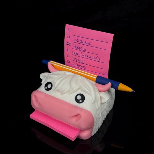 Note White Kuh  | Highland White Cow Schreibtisch-Organizer & Notizhalter | Sticky Note Halter mit Stifteablage | 3D-gedruckte Kuh Deko